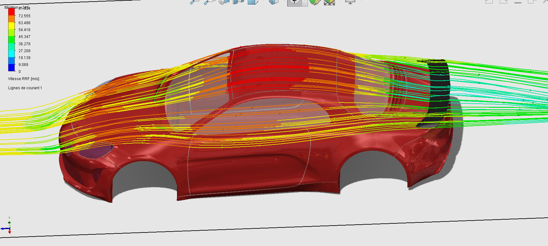 Simulation CFD latérale aileron BLR A110 avec lignes de courant colorées