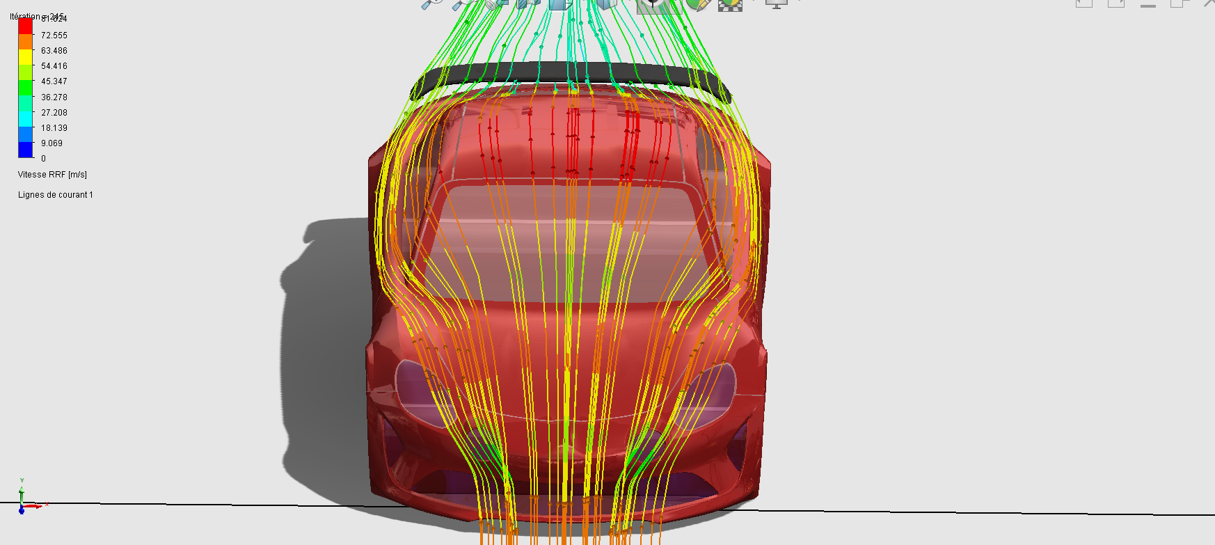 Simulation CFD frontale de l'Alpine avec lignes de courant convergentes vers l'aileron