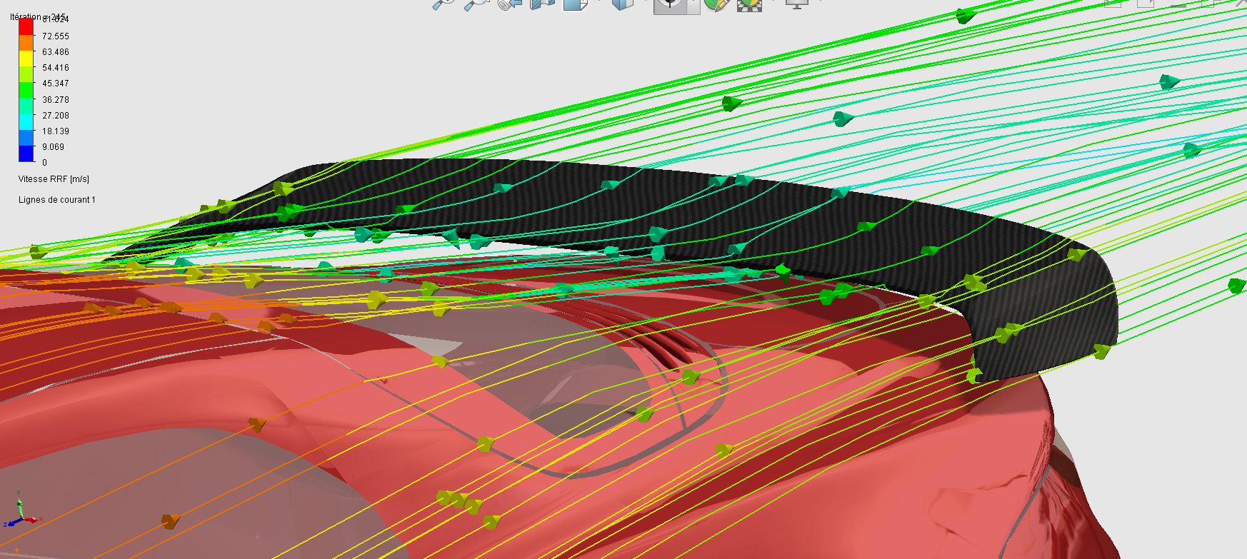 Gros plan CFD de l'aileron BLR A110 avec lignes de courant colorées
